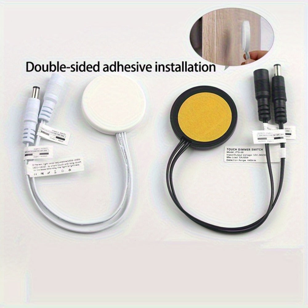 Hidden Touch Sensor LED Dimmer Switch DC 5-24V – Capacitive Touch Dimming Switch for LED Light Strip, 5A 48mm No-Drill Adhesive Mount, Works Through Wood Glass Plastic, Black & White