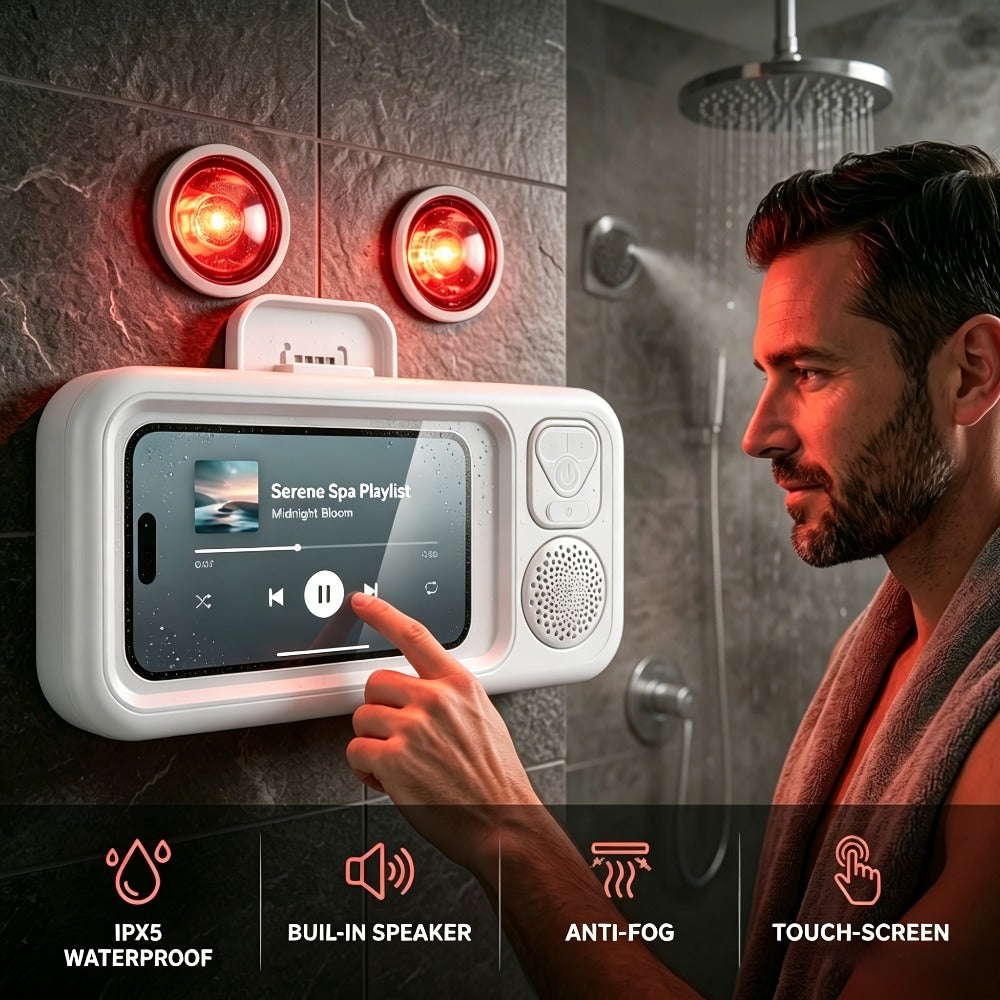 Shower Phone Holder with Bluetooth Speaker Built-In, 360-Degree Rotation Waterproof Mount, Universal Fit for All Phones, Hands-Free Music & Calls, Suction Cup Adheres to Any Surface – Bathroom Shower Caddy Accessory