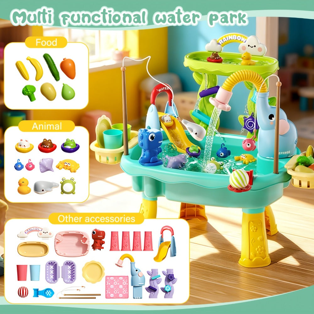 Kids Water Table Toy with Electric Pump & Faucet, Play Food & Fishing Toy in Blue or Pink
