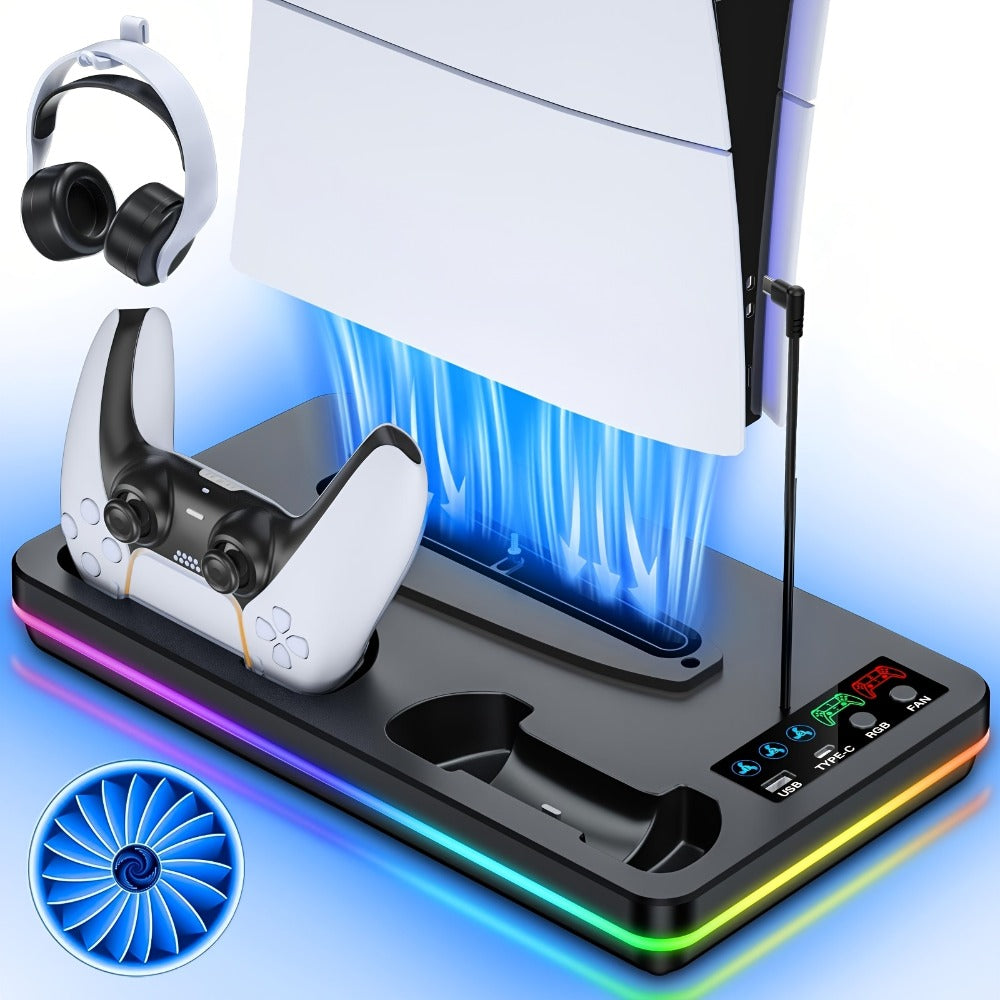 PS5 Cooling Stand with Dual Controller Charging Dock – Compatible with PS5/Slim/Pro Standard & Digital Edition, 3-Speed Fan, 10 RGB Lights & USB Hub, PlayStation 5 Gaming Accessories