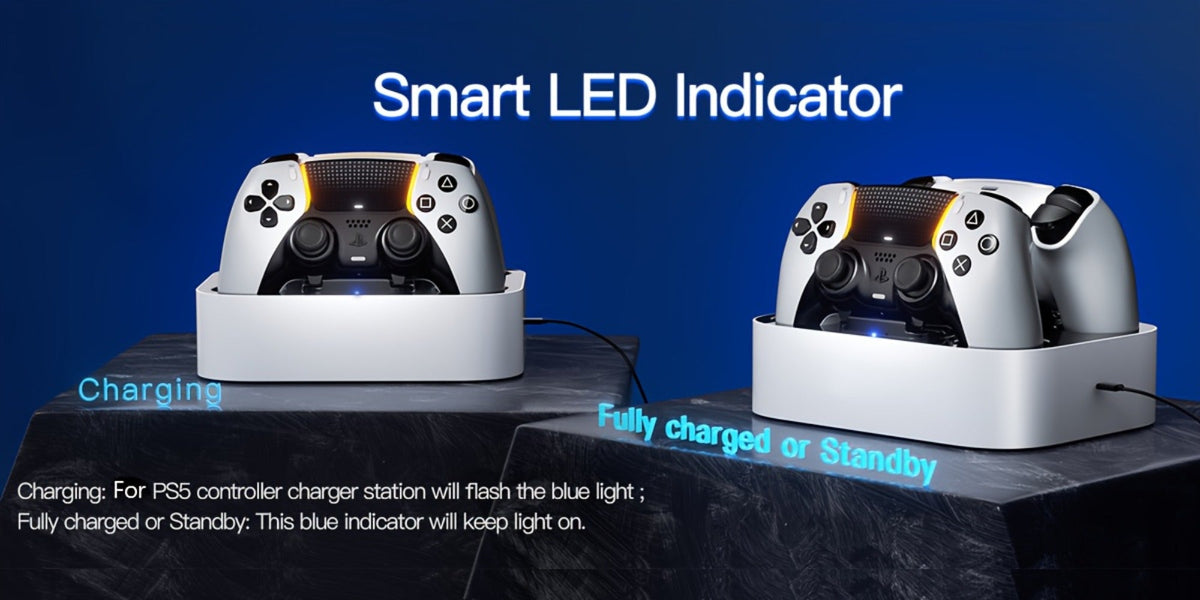 Safe Charging PS5 Controller Charging Station with Smart Chip – Dual Fast Charging Dock for DualSense & DualSense Edge, 2.5Hr Full Charge, Blue LED Indicator, Non-Slip Pad, Cable Included