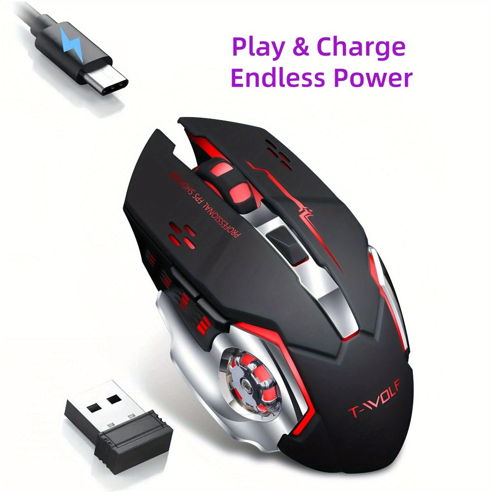 Ergonomic Silent Wireless Mouse T-WOLF Rechargeable Dual-Mode BT5.0 & 2.4G – Full-Size RGB Comfort Mouse for Work Study Gaming, Aesthetic Desk Setup, Back to School Gift for PC Laptop Mac
