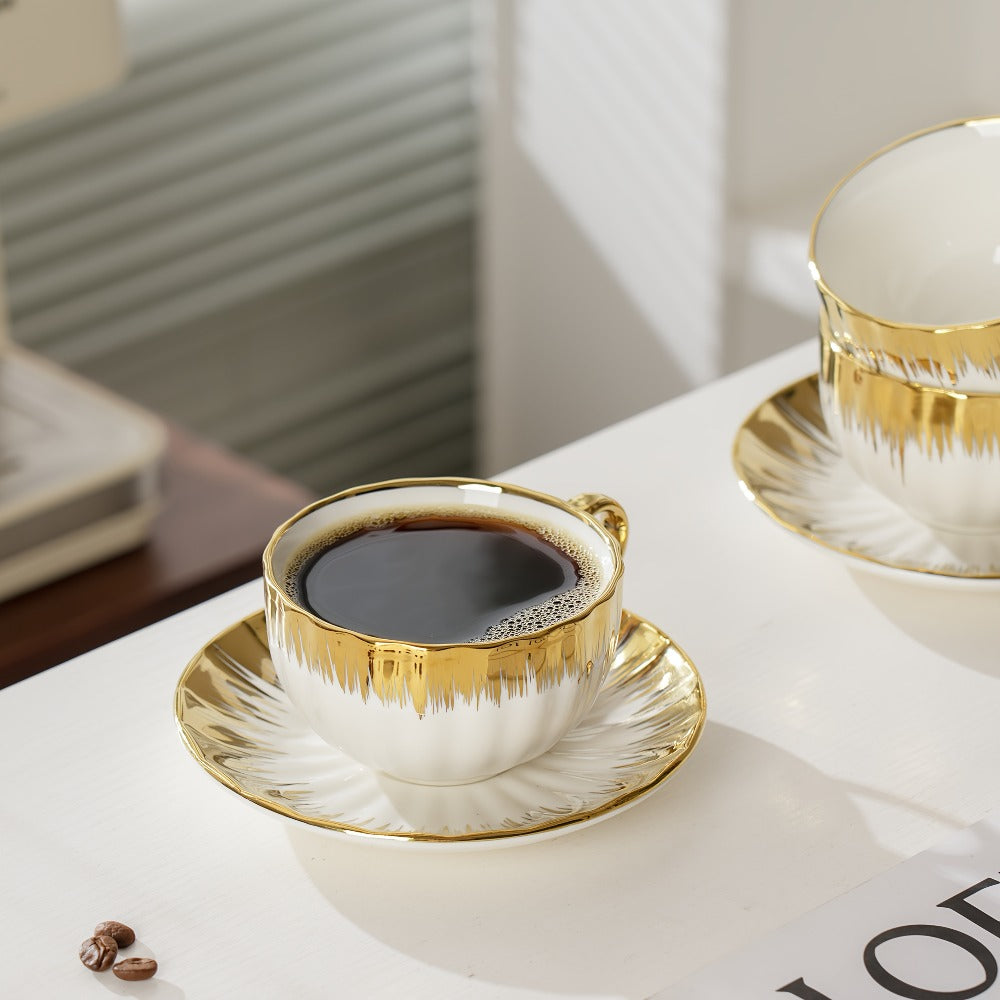 European Ceramic Coffee Cup and Saucer Set of 6 – Light Luxury 8.45oz Porcelain Tea Cups with Plates | Elegant Floral Dinnerware for Wedding Mother's Day Holiday Gift