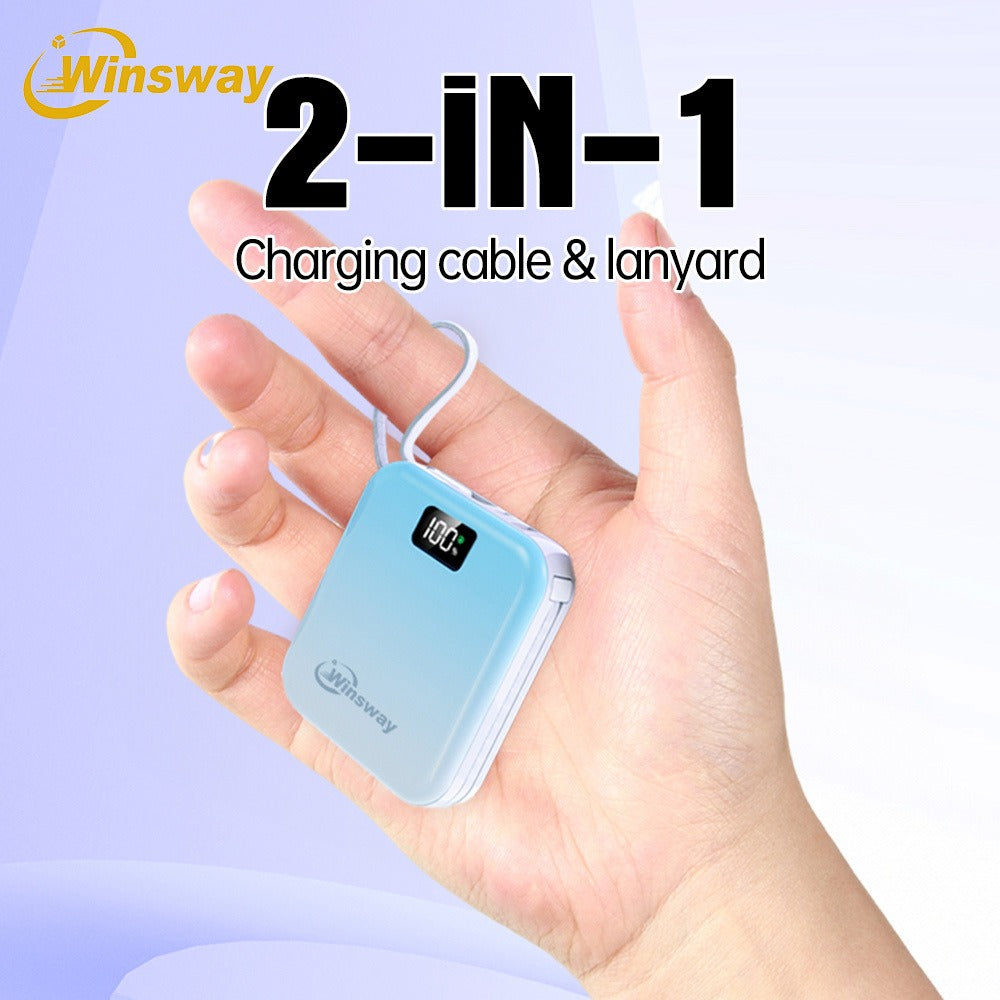 Mini Compact Power Bank 10000mAh Winsway 22.5W Fast Charging – Built-in Dual Cables USB-C & USB-A, Gradient Design, LED Display, Ultra-Lightweight Portable Charger for Travel Boarding Outdoor Gift