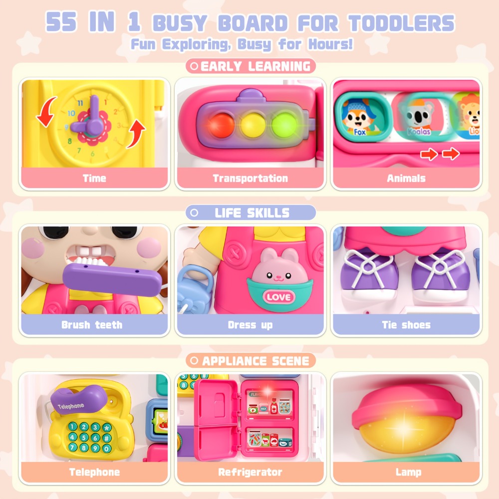 Musical Busy Board Bus Toy for Toddlers 18 Months – Pink Baby Activity Board, Early Educational Motor Skills Developmental Toy for 1 2 Year Old Boys & Girls, Birthday Gift for Baby