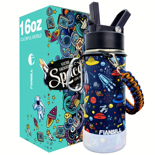 Kids Insulated Water Bottle, 16oz Stainless Steel with One-Hand Lid & 8 Designs