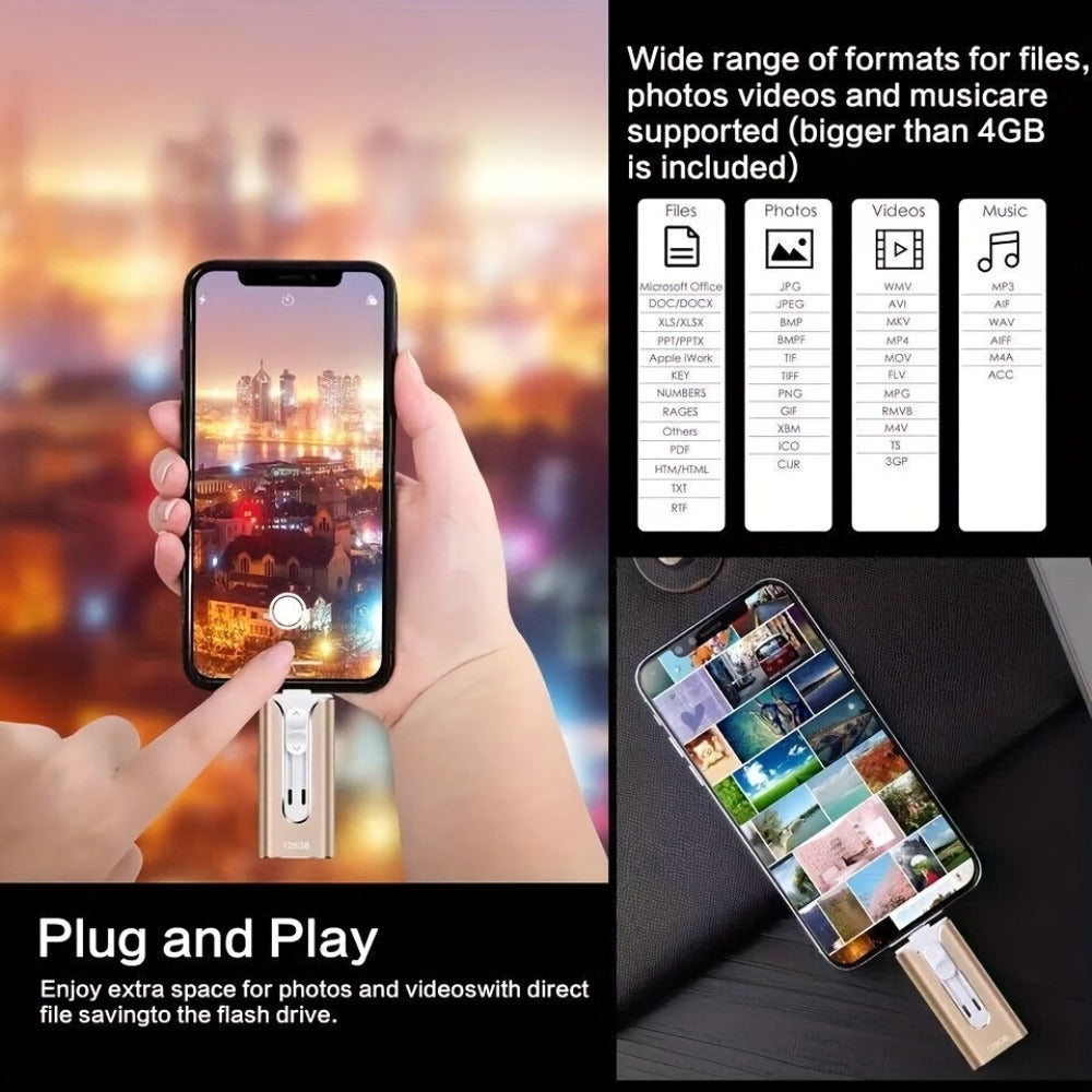 4-in-1 iPhone Flash Drive USB 3.0 OTG Photo Stick 128GB 256GB, Lightning USB-C USB-A iPad Connector Memory Stick with Backup Function Compatible with iPhone iPad Android Laptop & PC – Gold Pink Silver Blue