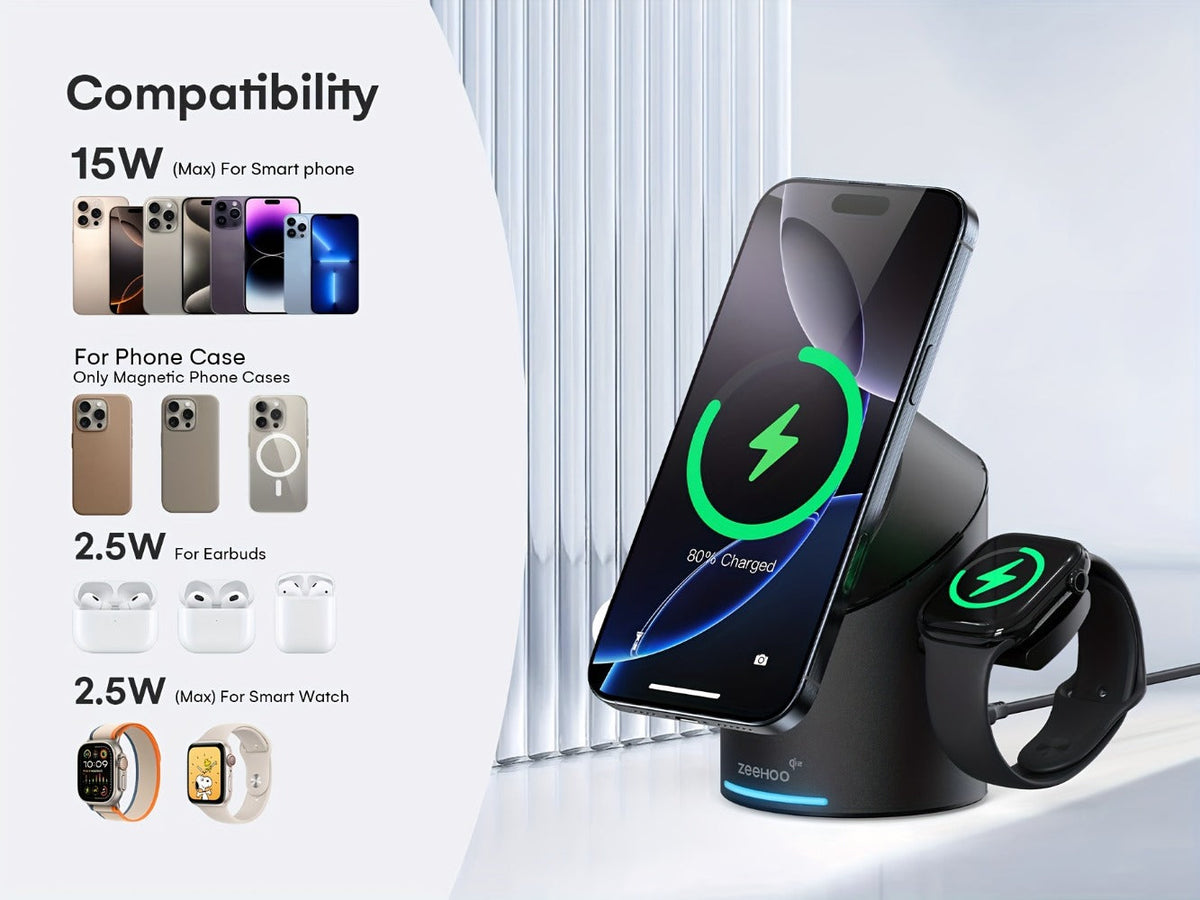 Qi2 3-in-1 Wireless Charging Station 15W ZEEHOO CylinTrick-R Cylindrical Rotating Magnetic Stand Hidden Pop-Up Charger Touch Activated for iPhone 17 16 15 14 13 12 Pro Max, Apple Watch Ultra Series 10 9 8 7 SE, AirPods 4 3 2 Pro – White Black