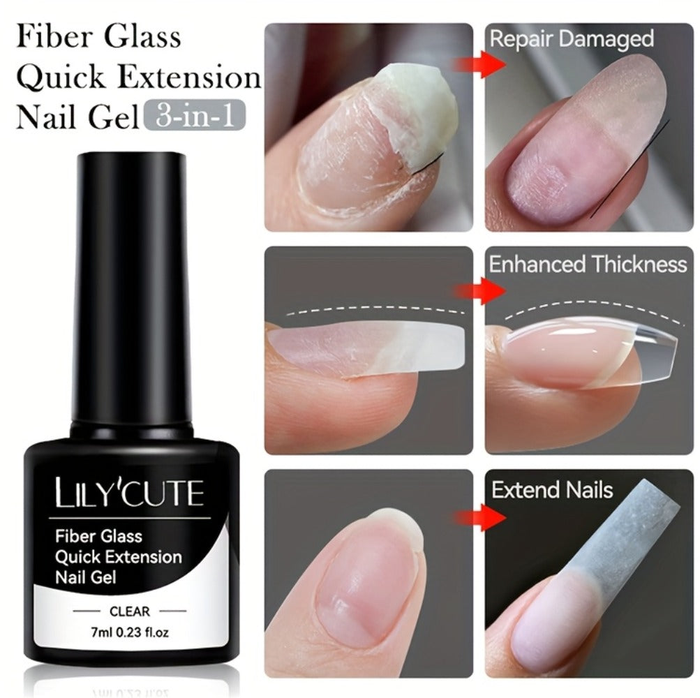 Nail Extension Builder Gel 3pcs - Fiberglass Construction Gel for Broken Nail Repair & Nail Extension, Clear UV LED Soak-Off Fiber Glass Gel Varnish, DIY Salon Nail Kit