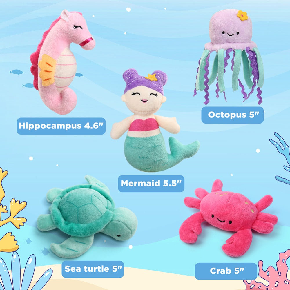 Ocean Stuffed Animals Set 5 Pack Sea Turtle Octopus Mermaid Seahorse Crab Soft Plush Toys with Shell Carrying Bag Gift for Baby Toddlers Kids Birthday Christmas Baby Shower