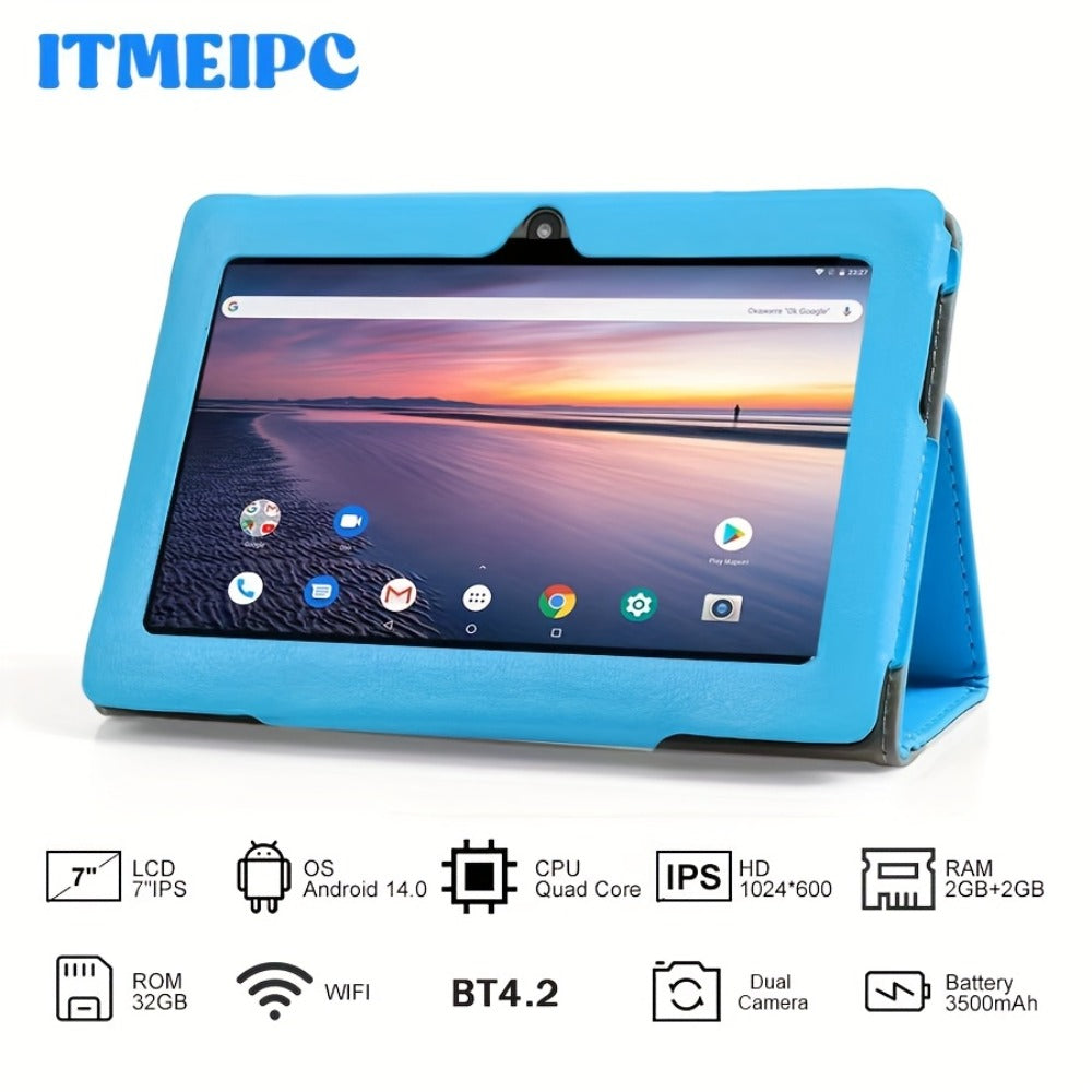 USB-C Android 14 Tablet 7 Inch with Built-in Protective Case, 4GB RAM 32GB ROM Expandable Quad-Core HD IPS Display, Dual Camera WiFi, Compact Stylish Portable Tablet for Students Teens Adults – Blue Yellow Black Pink