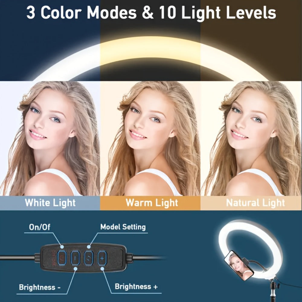 Desk Stand Ring Light 10/18 Inch LED Phone Fill Light 3 Color Temperatures Dimmable for Live Streaming Video Shooting Selfie Makeup Photography TikTok YouTube