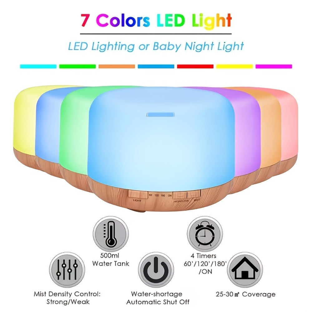 Essential Oil Diffuser 500ml 7-Color Ambient Light Timer Auto Shut-Off USB Ultrasonic Aroma Diffuser for Large Room Home Office Bedroom Wood Grain Humidifier
