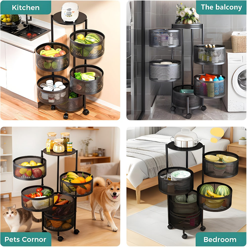 Rolling Storage Cart with Wheels 5-Tier 360° Rotating Kitchen Organizer Basket, No Assembly Space-Saving Floor Standing Bin for Kitchen Pantry Bathroom Bedroom Fruits Vegetables Home Organization