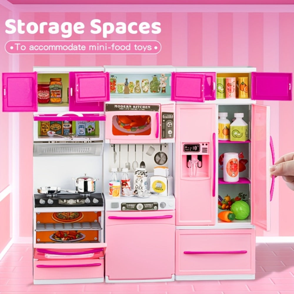 Pink Pretend Play Kitchen Set, 64-Piece Play House with Lights and Sounds