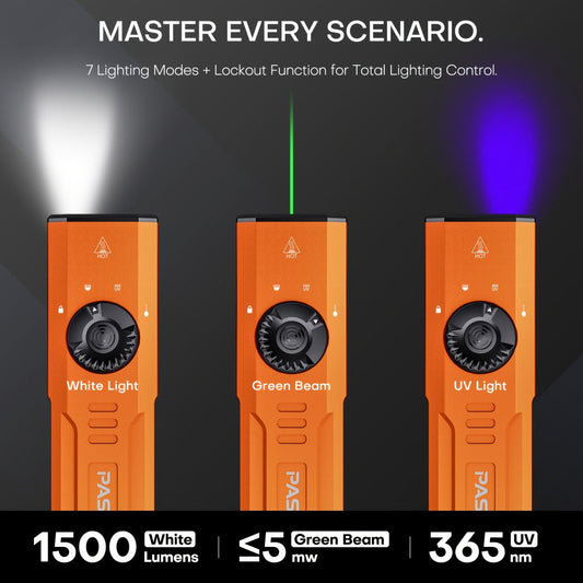 3-in-1 Rechargeable Flashlight with Green Laser, 365nm UV and 1500-Lumen White Light