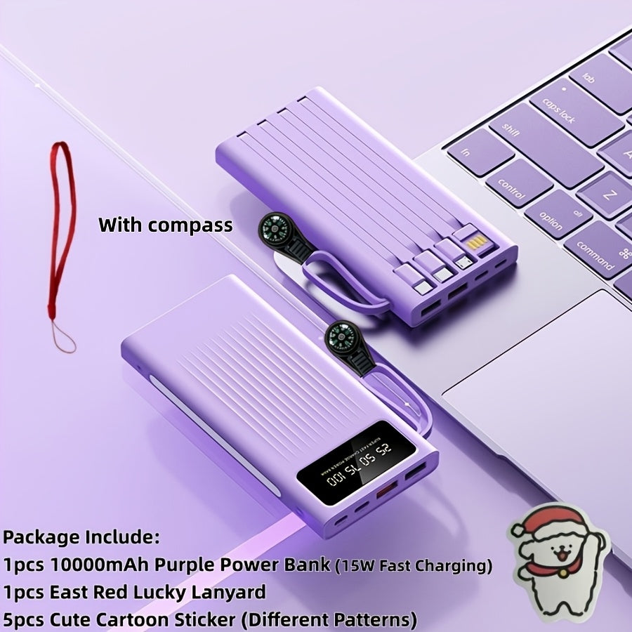 30000mAh Large Capacity Power Bank 15W Fast Charging with 4 Built-In Cables & 4-Mode Camping Light, Business Minimalist Portable Charger 10000mAh 20000mAh Compatible with iPhone Android – Black Purple White
