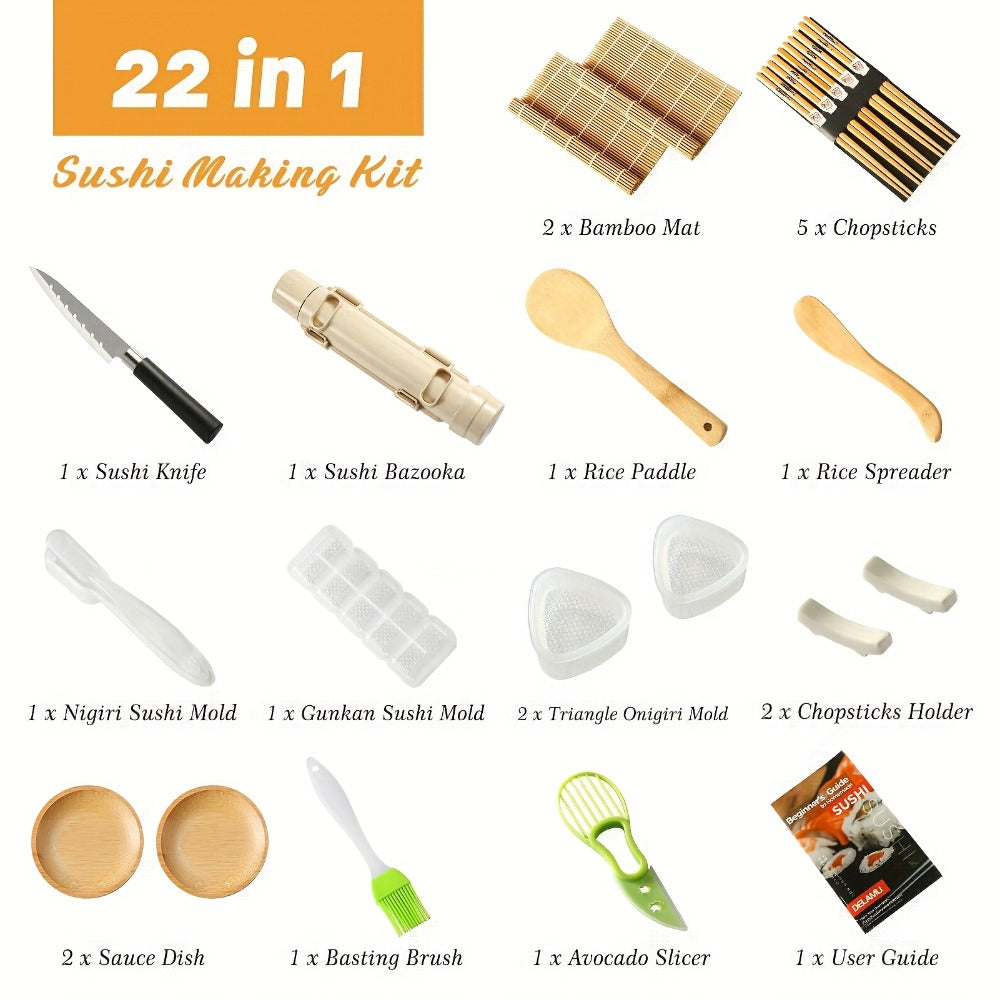 Sushi Making Kit 22-in-1 with Bamboo Rolling Mats Chef Knife Triangle Nigiri Gunkan Molds Chopsticks Beginner Guide – Complete DIY Sushi Set for Home Kitchen Japanese Cooking Gift