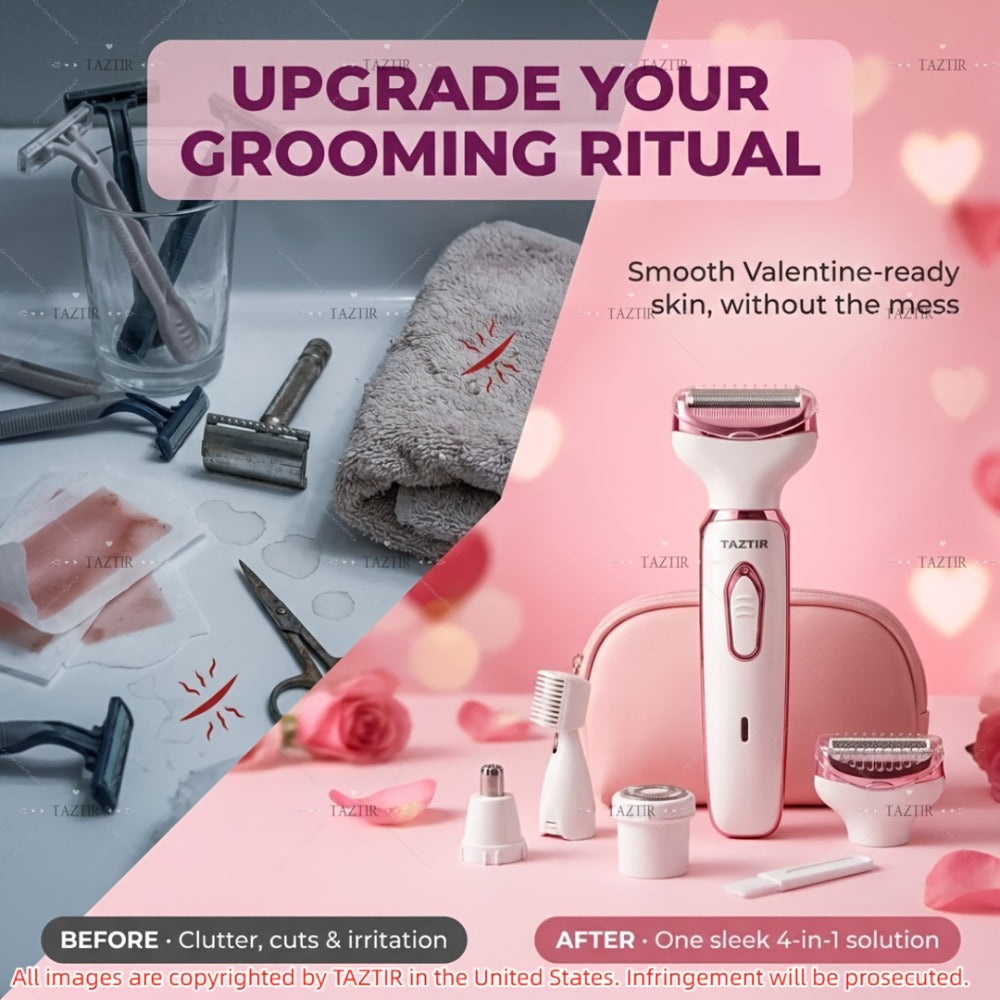 4-in-1 Electric Shaver for Women Rechargeable Wet & Dry Painless – Face Nose Legs Underarm Bikini Trimmer Portable Cordless Grooming Kit, Luxury Gift Set Options for Her