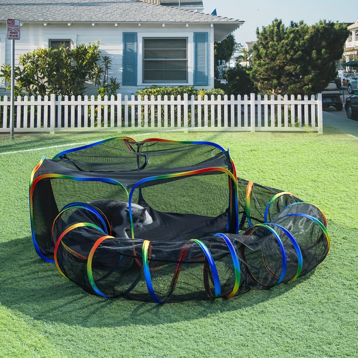 Outdoor Cat Enclosure with Tunnel - Rainbow Cat Playpen Tent with Circle Cat Tunnel for Cats Kittens & Small Animals, Portable Foldable Cat Outdoor Playground for Backyard Patio Garden