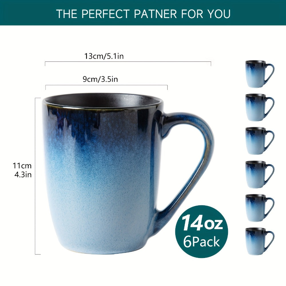 Gradient Blue Ceramic Mugs Set of 6 – 14 Oz Reaction Glaze Coffee Mugs – Durable Stain-Resistant Unique Design – Perfect for Coffee, Tea & Gifting at Weddings, Parties & Holidays