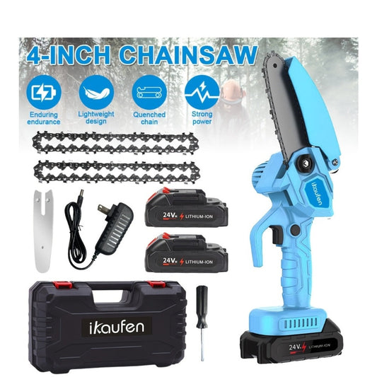 Electric Chainsaw with 4-Inch Guide Bar, Auto Oiler & Two Batteries
