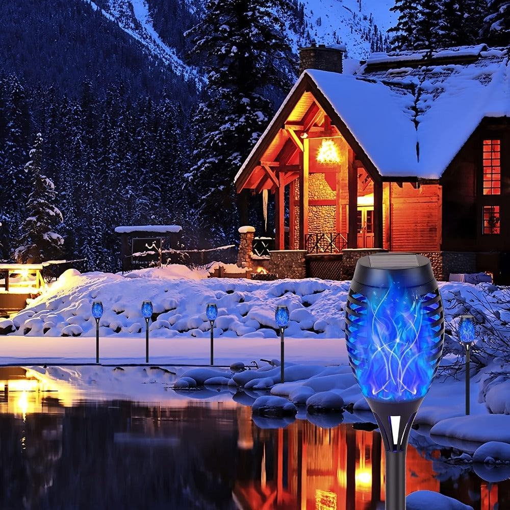 Solar Torch Lights Flickering Flame Outdoor – Auto On/Off Dancing Flame Solar Garden Lights IP54 Waterproof | Landscape Pathway Torch for Garden, Yard, Patio & Christmas Decoration | 6/8/12pcs Blue