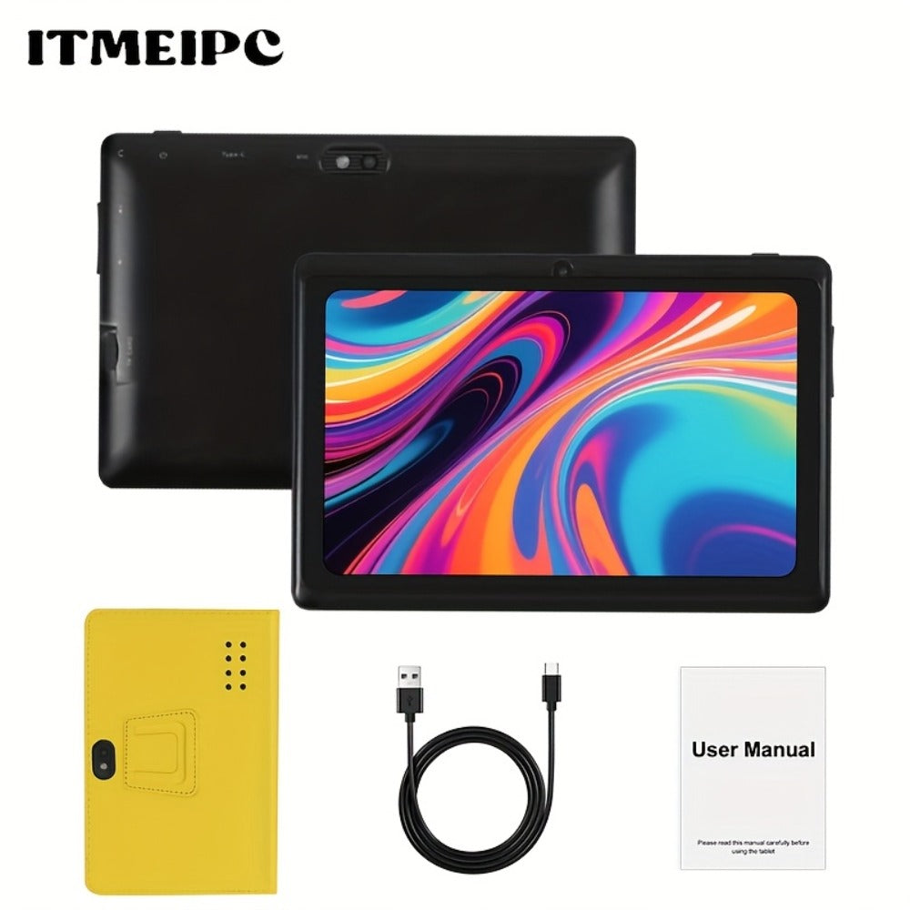 USB-C Android 14 Tablet 7 Inch with Built-in Protective Case, 4GB RAM 32GB ROM Expandable Quad-Core HD IPS Display, Dual Camera WiFi, Compact Stylish Portable Tablet for Students Teens Adults – Blue Yellow Black Pink