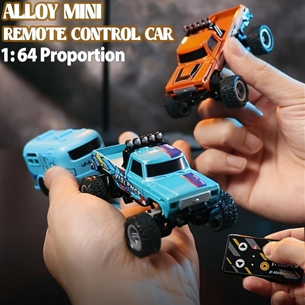 Mini RC Truck 1:64 Scale – 2.4GHz Alloy Off-Road Crawler with Detachable Trailer & LED Lights