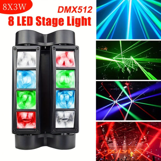 LED Spider Moving Head Stage Light, 8 x 3W with DMX-512 and Sound Activation