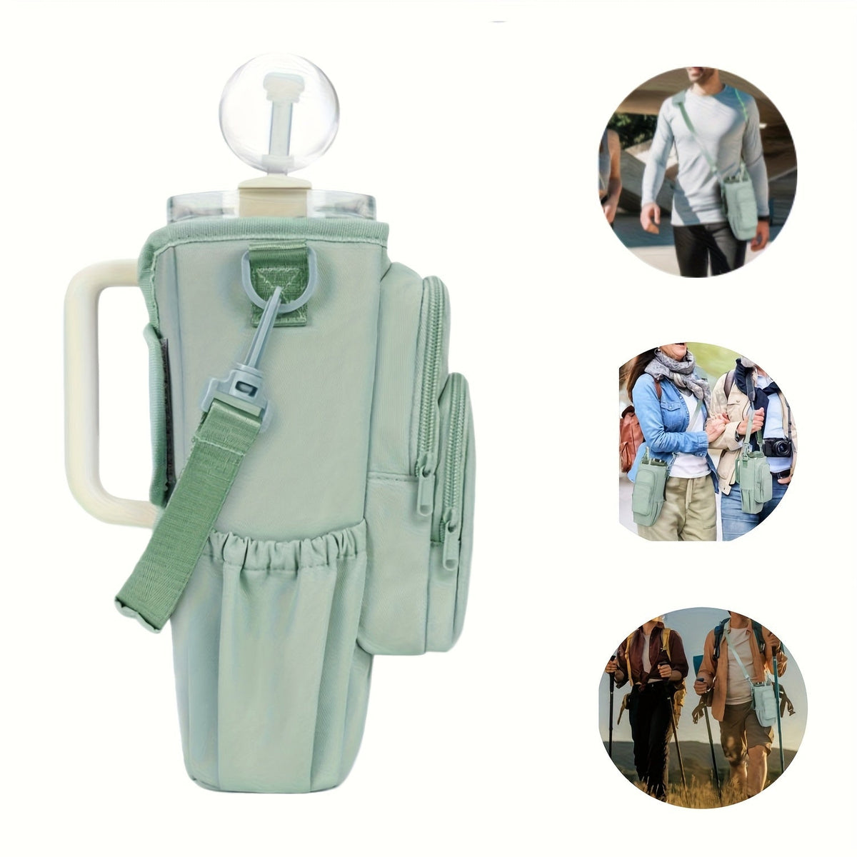 40oz Insulated Water Bottle Carrier Sling Bag with Straw Lid – Hands-Free Dog Walking Bag with Phone Pocket, Zippered Compartments & Adjustable Strap for Gym, Travel & Outdoor Activities, Hot/Cold Beverage Holder for Men & Women