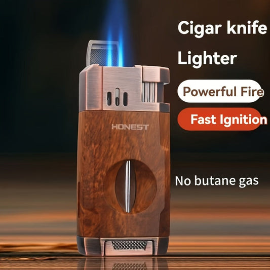Cigar Torch Lighter with V-Cut Cutter, Dual Jet Flame, Cigar Clip & Fuel Window