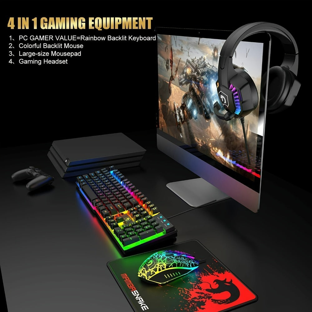 Complete 5-in-1 Gaming Setup Bundle RGB – 104 Keys Wired Keyboard, 2400 DPI Optical Mouse, Gaming Headphone, Speaker & Large Mouse Pad for PC, Mac, PS4 & Xbox | All-in-One Gaming Combo | Black & White