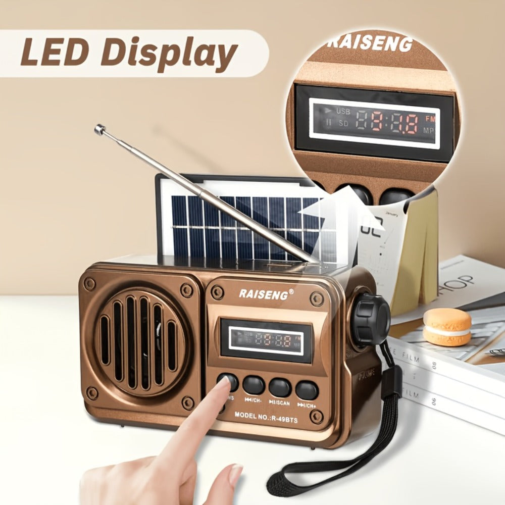 FM Portable Radio R-49BTS Retro Solar Panel Bluetooth Speaker, USB TF Card Playback, Loud Digital Radio for Indoor Outdoor Travel Emergency Camping, Independence Day Gift
