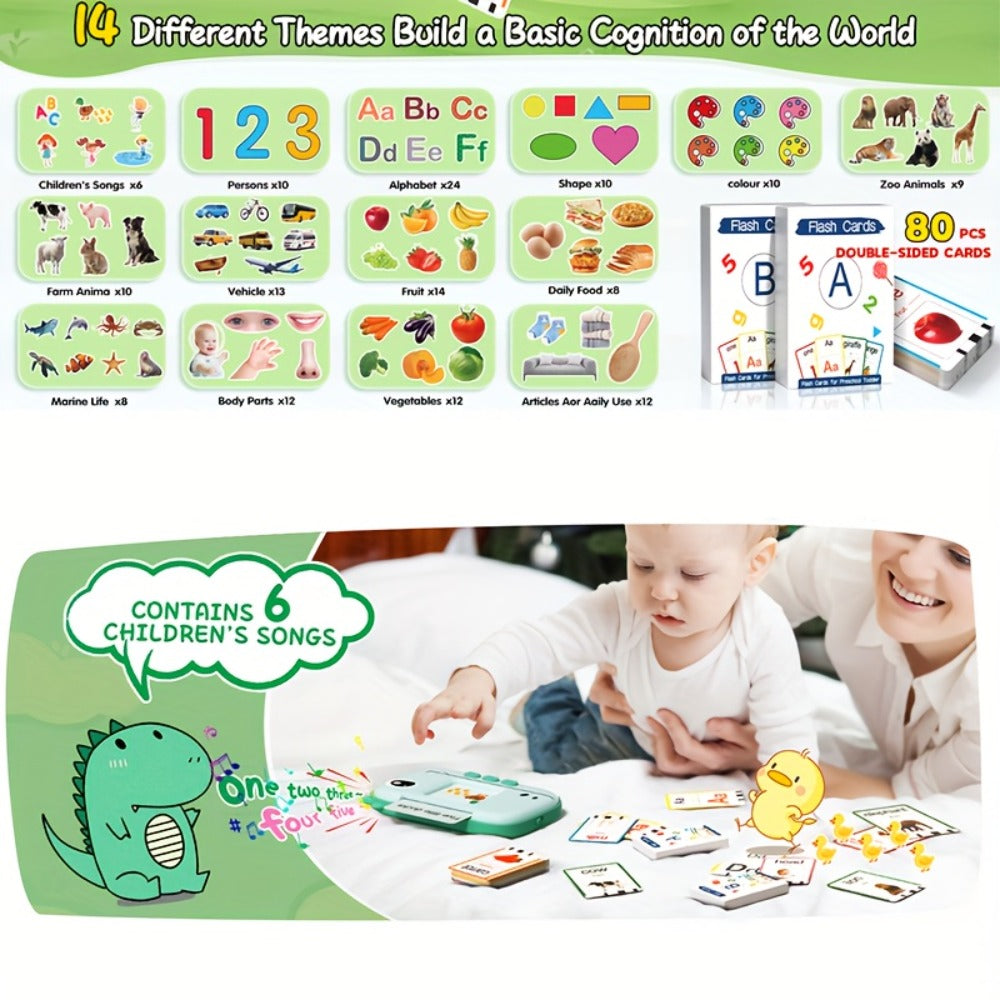 Talking Flashcard Machine for Toddlers 160 Words — Portable Word Card Reader Kids Ages 1-4 Dinosaur Unicorn Style Speech Vocabulary Learning Toy Gift Boys Girls