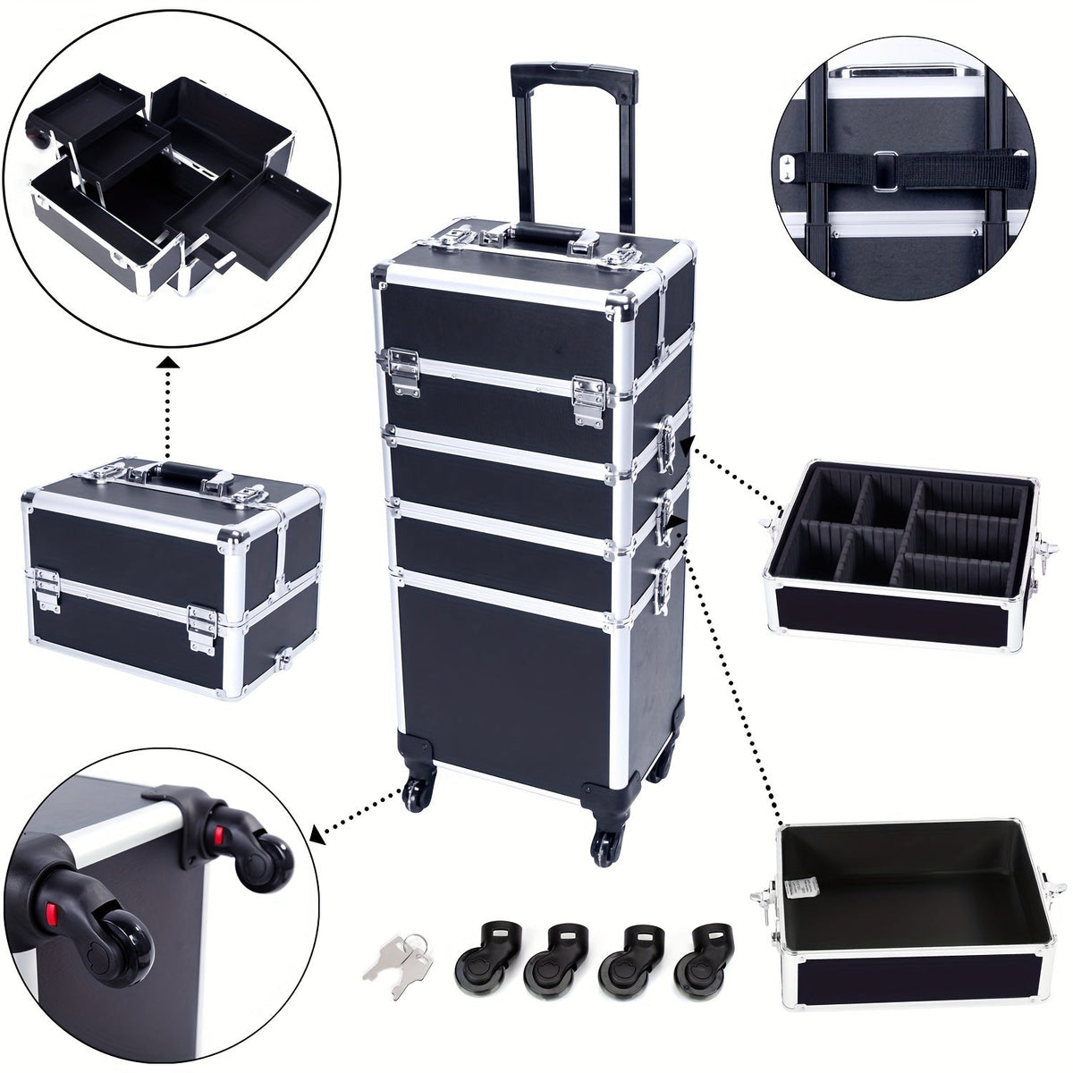 Rolling Makeup Case Aluminum 4-in-1 Extra Large Professional Cosmetic Trolley with 360° Swivel Wheels for Makeup Artist Tattoo Artist Salon Travel Black Pink Silver