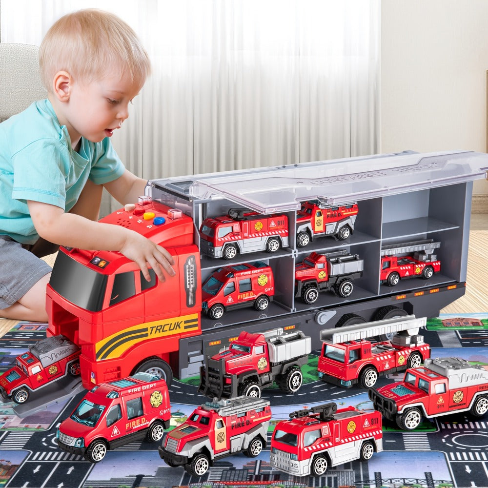 Fire Truck Toy Set with Die-Cast Metal Carrier Truck & Play Mat, Emergency Vehicle Playset