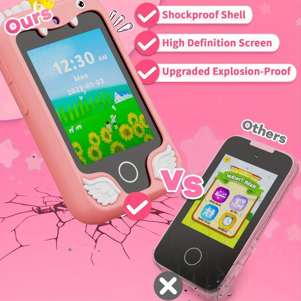Kids Toy Phone with 25 Games Touchscreen HD Dual Camera & 8GB SD Card – Dinosaur Children's Cell Phone for Boys & Girls Ages 3-10 Travel Toy Birthday Christmas Easter Gift Pink Purple