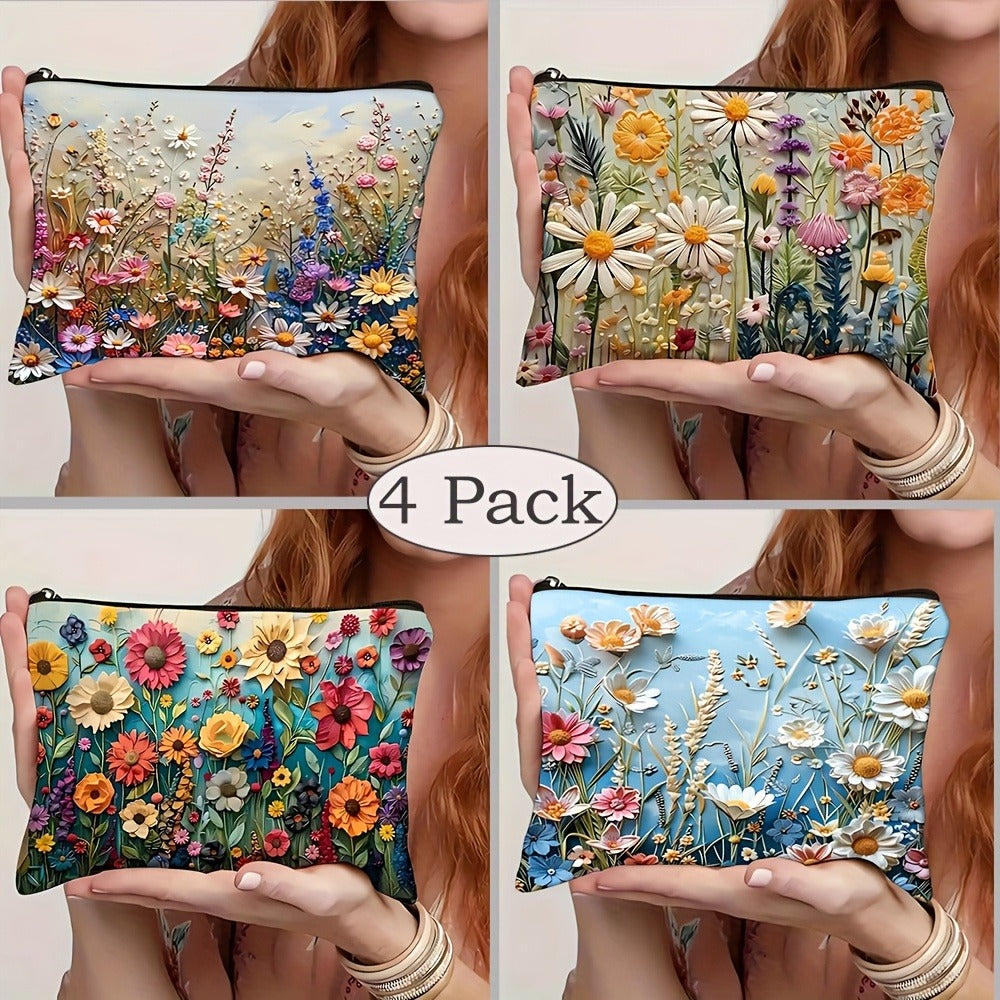 Daisy Floral Makeup Bag 4-Pack Set Foldable Zipper Travel Cosmetic Pouch Durable Toiletry Organizer Gift for Women Girls Sisters Girlfriends Birthday Christmas Holiday