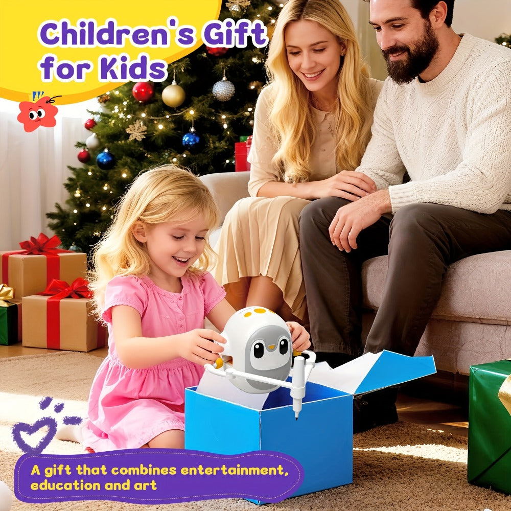Drawing Robot for Kids Penguin, 200 Learning Cards & 12 Color Pens, STEM Art Educational Toy, Screen-Free Interactive Drawing Game, Step-by-Step Lessons for Boys & Girls Ages 3+, USB Charging, Birthday Gift