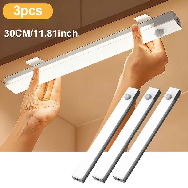 Rechargeable Motion Sensor LED Night Light 6 Pack - 400mAh USB, 3 Brightness Levels, Wireless Stick-On Bar for Cabinet, Stair, Bedroom, Kitchen & Hallway (3.94" / 7.87" / 11.8", 3 or 6 Pack)