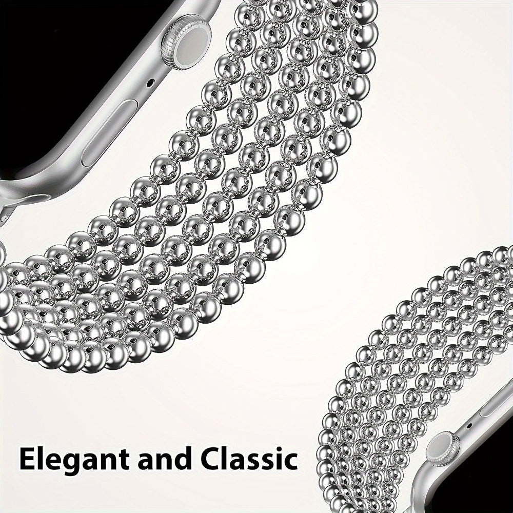 Stainless Steel Beaded Apple Watch Band Handmade Elastic Stretch Bracelet No-Buckle Slip-On Strap for Series 1-11 SE Ultra 38mm 40mm 41mm 42mm 44mm 45mm 46mm Women Girls Silver Rose Gold Silvery Grey