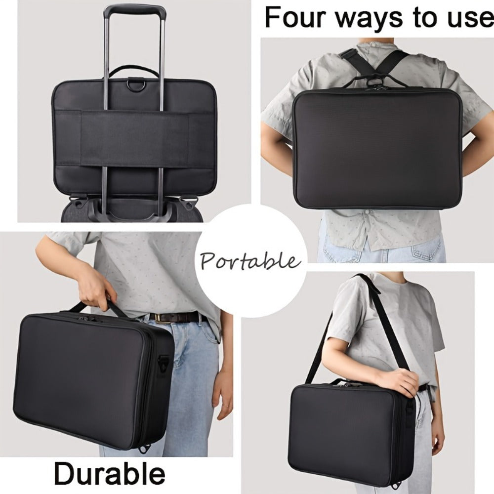 Professional Makeup Train Case 3-Layer 15.8 Inch Large Cosmetic Organizer with Adjustable Dividers Brush Holder Shoulder Strap for Makeup Artist Travel Studio Black