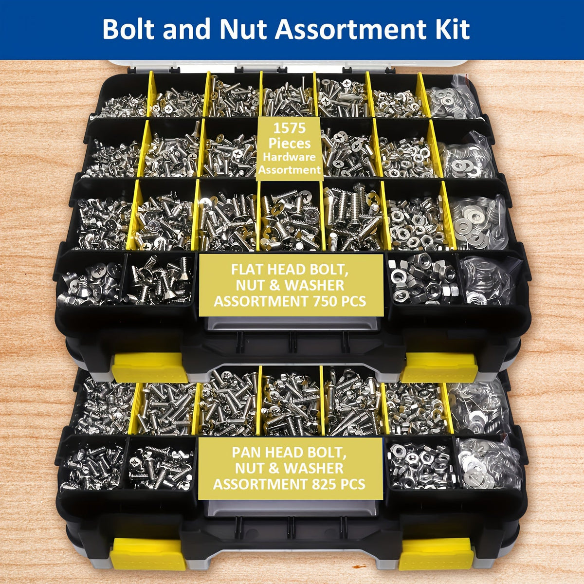 1575pcs 304 Stainless Steel Nuts and Bolts Assortment Kit – Pan Head Flat Head Screws Nuts Washers with Double-Sided Storage Box for Home & Mechanical Repairs