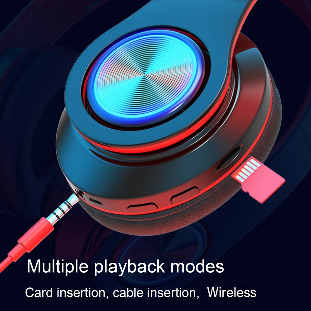 LED Light Over-Ear Wireless Headphones Deep Bass Subwoofer, Active Noise Cancelling Foldable Headset Bluetooth 5.3, Wired & Wireless Dual Mode AUX, USB Rechargeable for Gaming Music Sports