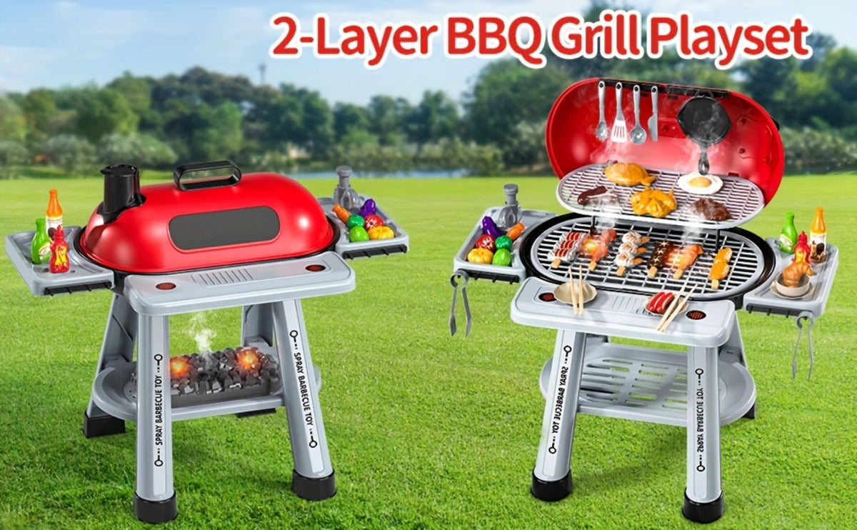 Kids BBQ Grill Playset with Two-Tier Design, Toy Food & Water Tap