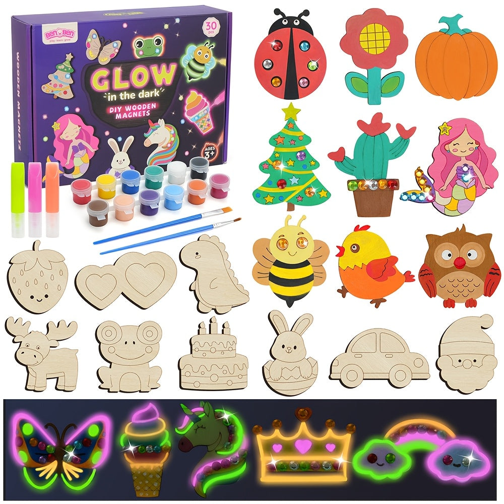 DIY Wooden Magnet Craft Kit, 30 Pieces, Glow-in-the-Dark Paint