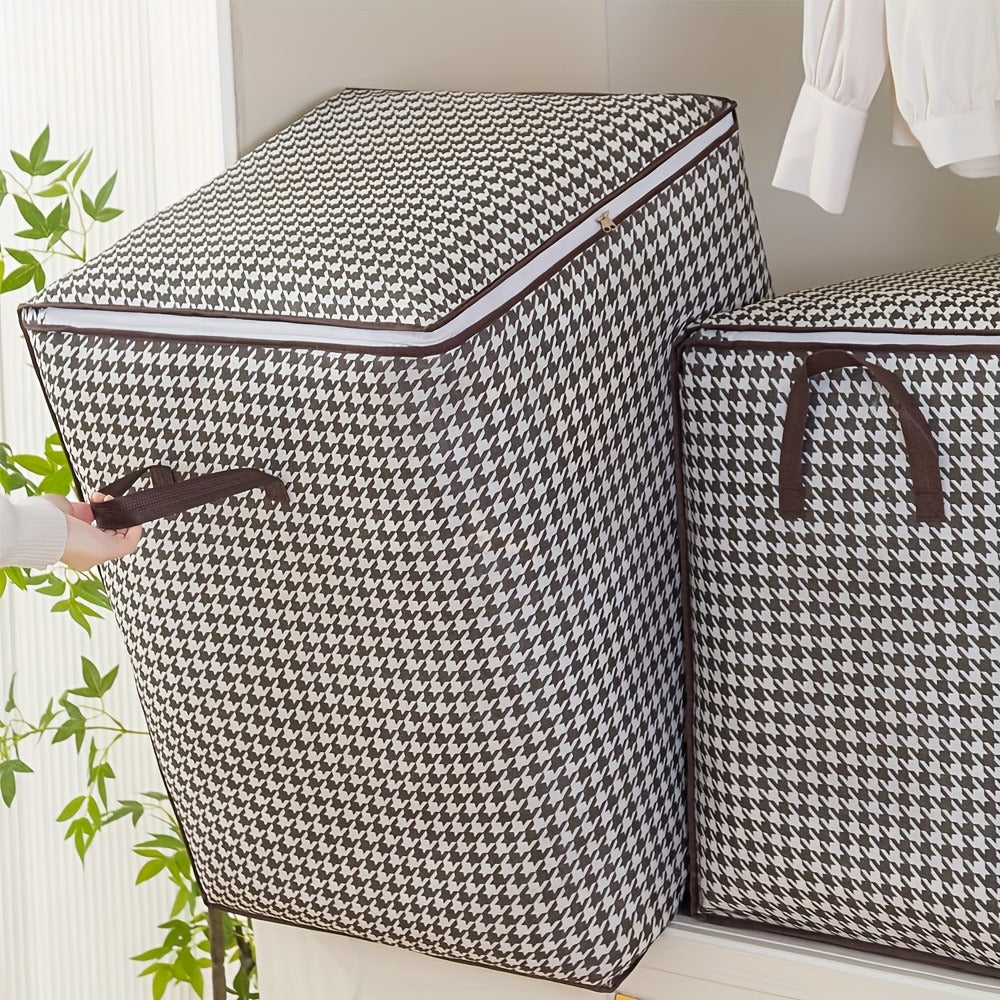 Large Storage Bags Houndstooth Non-Woven Fabric Organizer with Double Zipper & Handles – 160L/180L Dustproof Foldable Storage Box for Bedroom, Closet, Moving, Travel & Dorm, 1pc or 3pcs Set