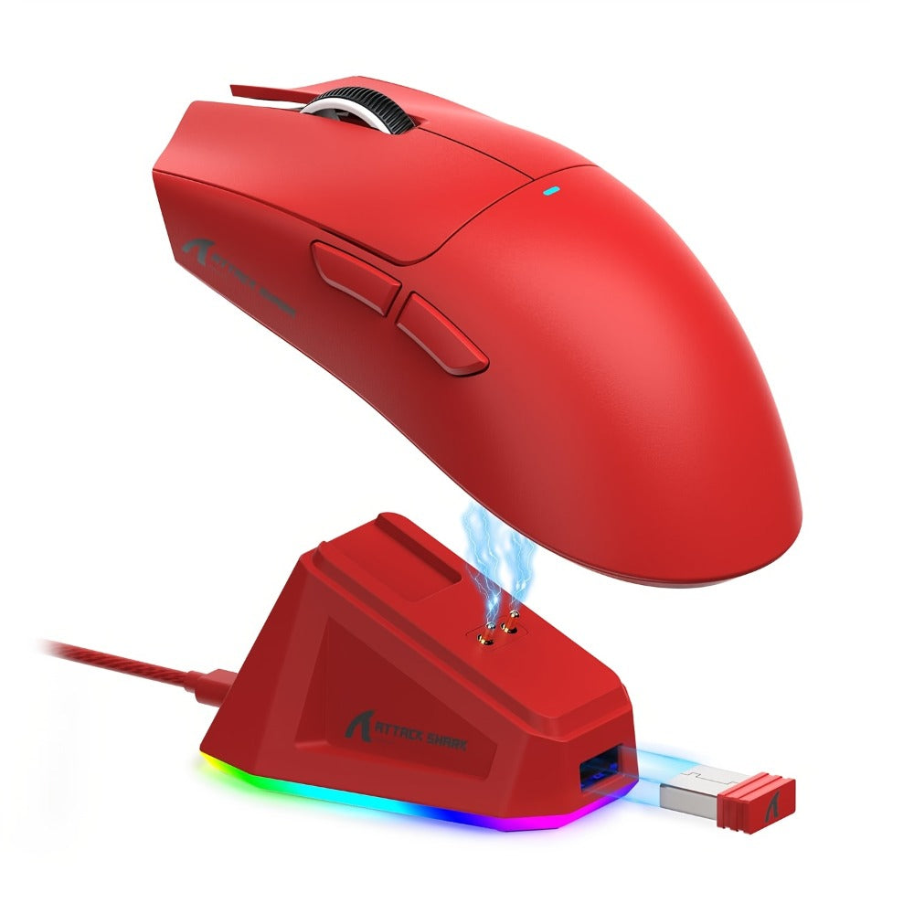 ATTACK SHARK X11 Lightweight Wireless Gaming Mouse with RGB Charging Dock – Tri-Mode 2.4G/USB-C, PAW3311 Sensor, 5 Programmable Buttons for PC & Mac | Black, White & Red