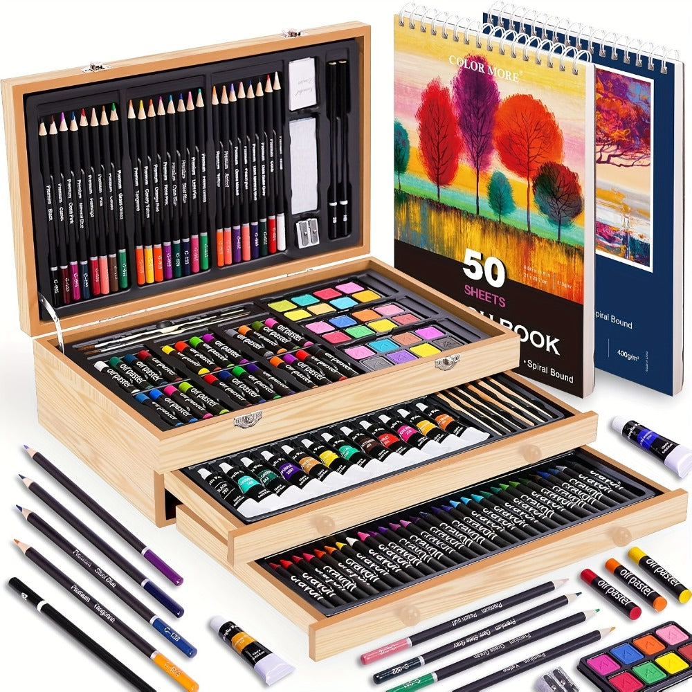 175-Piece Deluxe Art Set in Wooden Case – Drawing Pads Crayons Acrylic Paints Colored Pencils Complete Professional Art Kit Gift for Kids Teens Adults Birthday Christmas